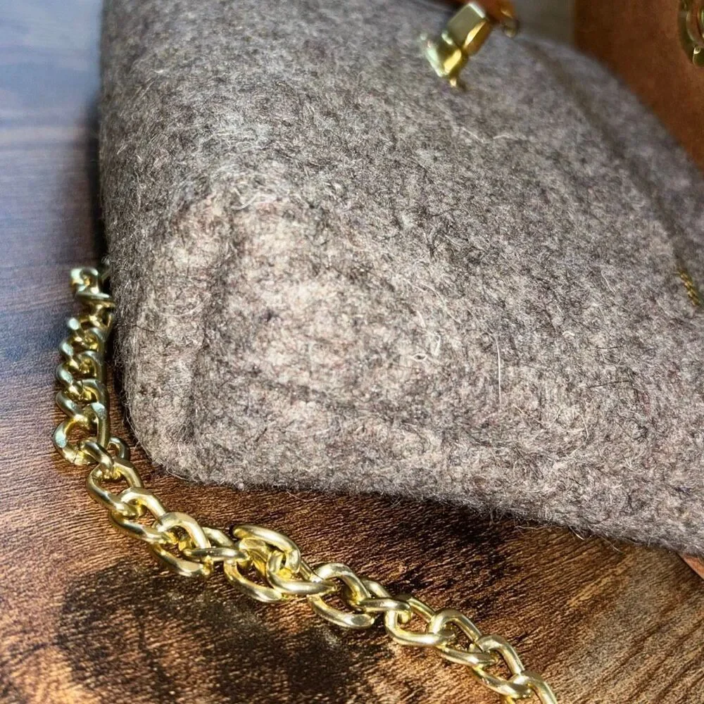 Sword & Plough Women Gray Crossbody Bag Purse Gold Chain Brown Leather